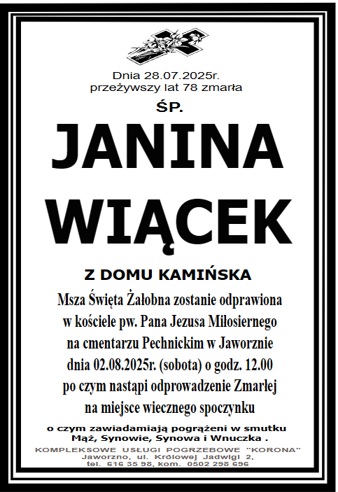JANINA WIĄCEK Z DOMU KAMIŃSKA