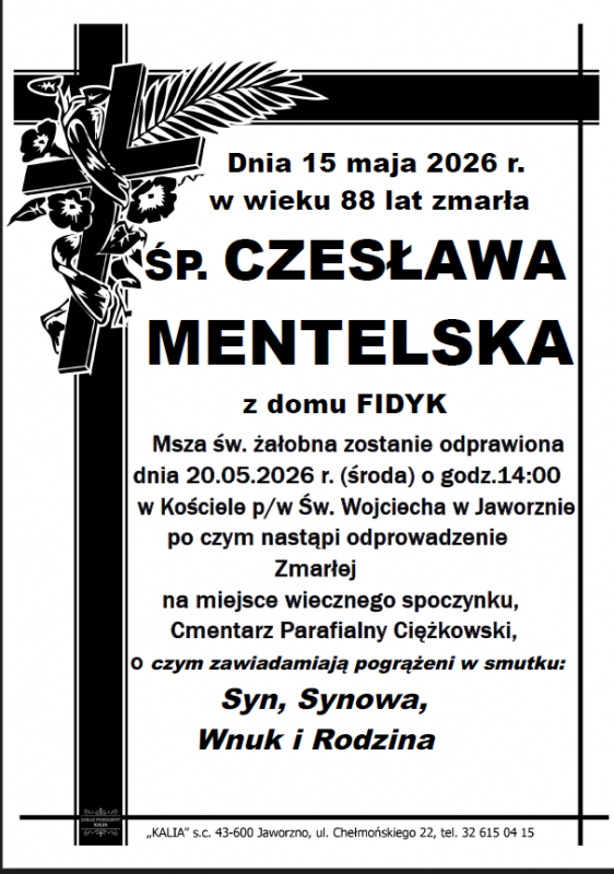 CZESŁAWA MENTELSKA Z DOMU FIDYK
