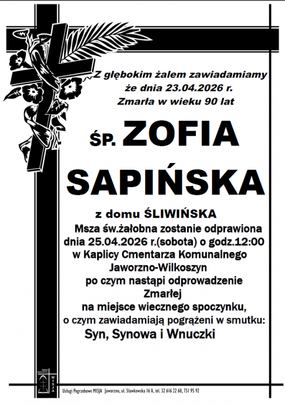 ZOFIA SAPIŃSKA Z DOMU ŚLIWIŃSKA