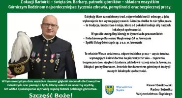 Życzenia z okazji Barbórki od Pawła Bańkowskiego, Radnego Sejmiku Województwa Śląskiego